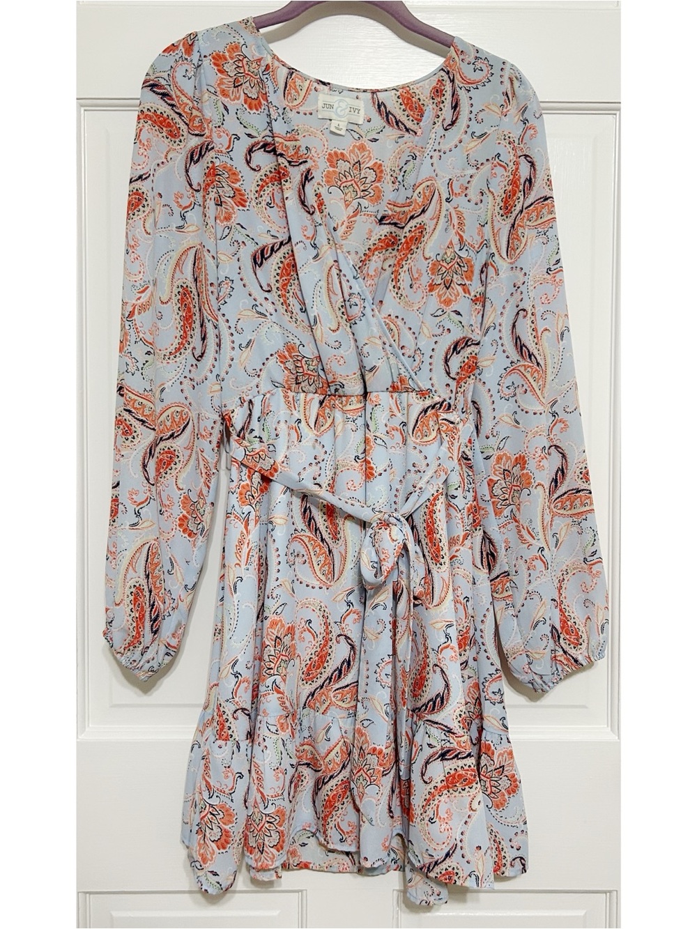 Francesca's Collections Light Blue Paisley Wrap Dress with Orange Accents